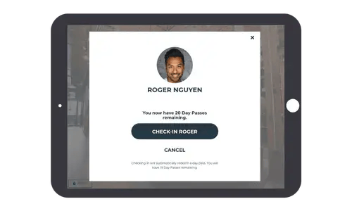 Front desk tablet check in day pass redeem
