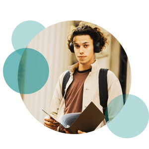 college student walking students working  with headphones