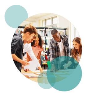 college students working  with headphones