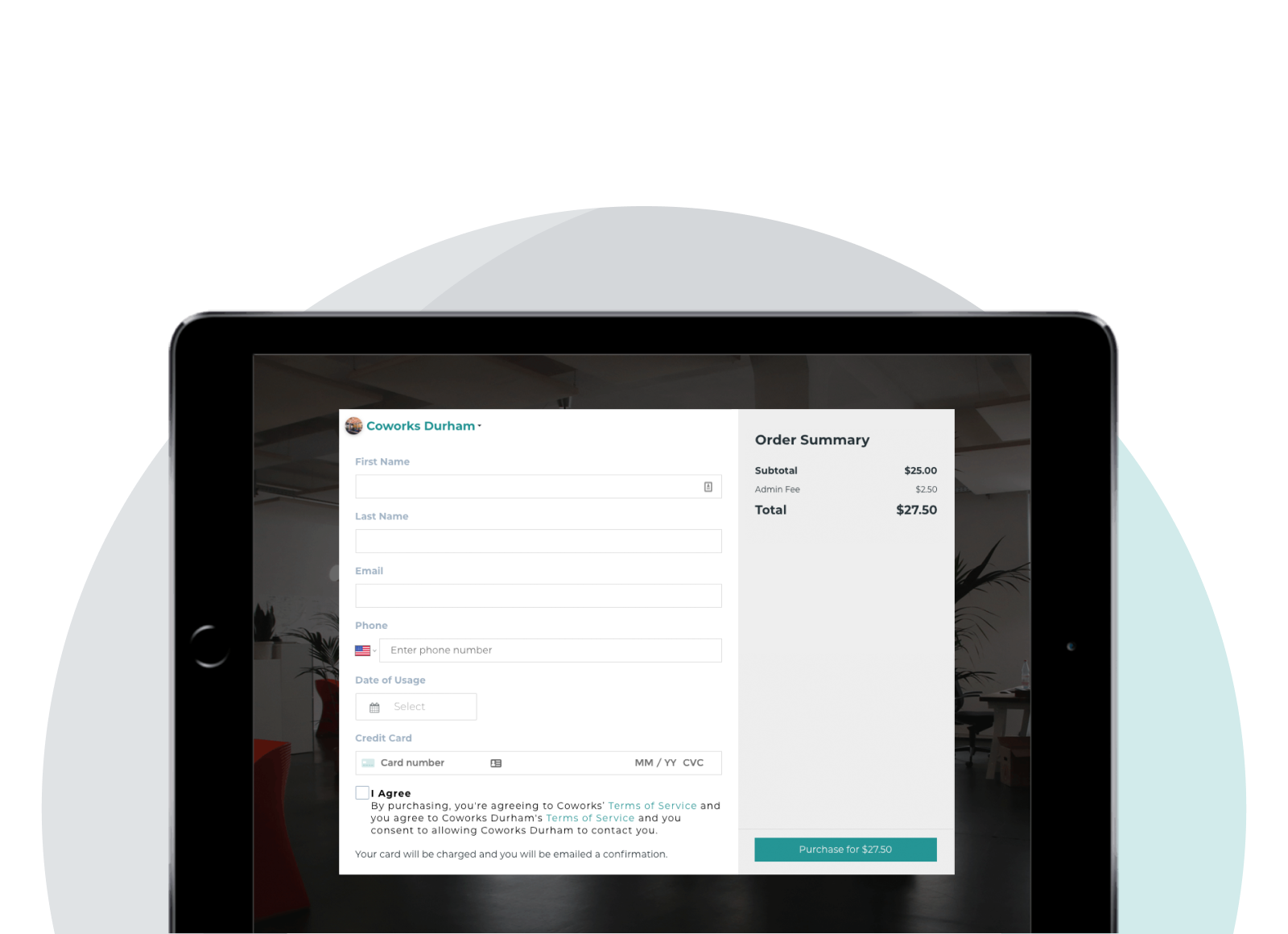 Screenshot of the day pass checkout features in the Coworks App